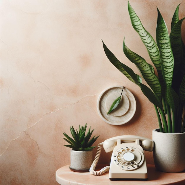 background of stucco wall and table with plants