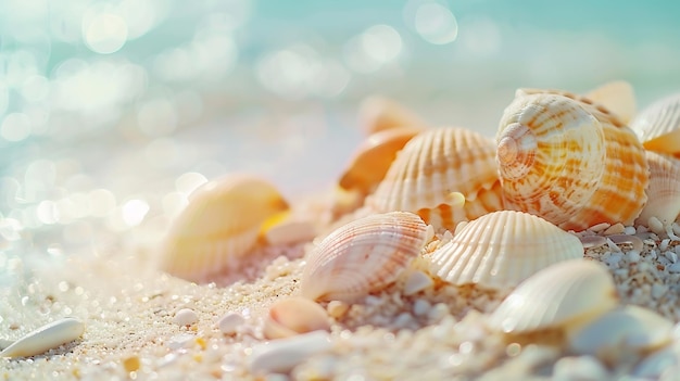 Background for summer holidays Colored seashells on sandy beach closeup Generative AI