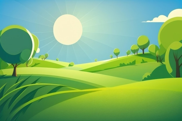 Background of summer landscape with a green grass field blue sky and bright sun