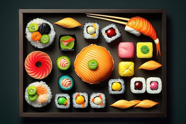 Background of sushi and rolls black frame top view Japanese restaurant food arranged in bright colors