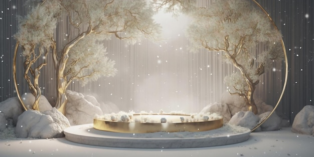 Background template of a golden display podium in snowy forest scene Created with Generative AI technology