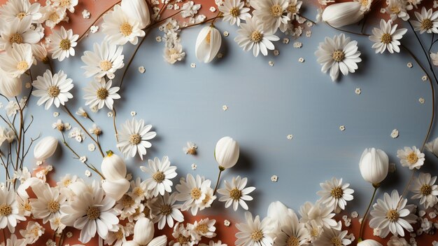 Background for text with a copy area for spring or summer chamomiles and petals white flower with yellow center