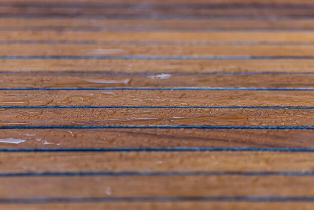 Background and texture of decorative old wood striped on the wall surface with drops, soft selective focus