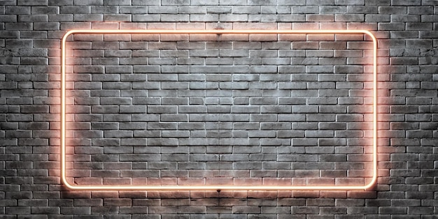 Photo background texture of empty white retro brick wall with neon light lamp frame