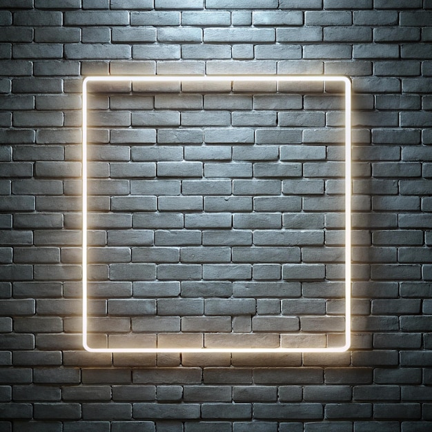 Photo background texture of empty white retro brick wall with neon light lamp frame