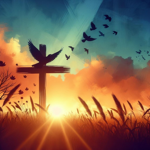 Background of thanks giving concept Silhouette cross and birds flying on meadow autumn sunrise ai