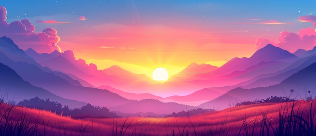 Photo the background of this illustration is a bright blue sky surrounded by green fields green hills and a dawn landscape