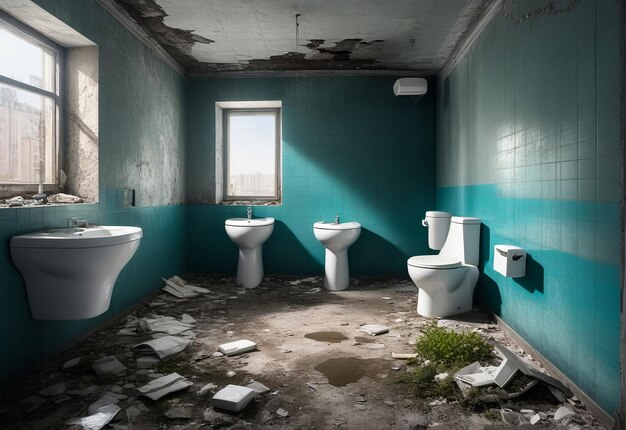 Background of toilet wc interior of an abandoned communal apartment dirty room rotten peeling walls