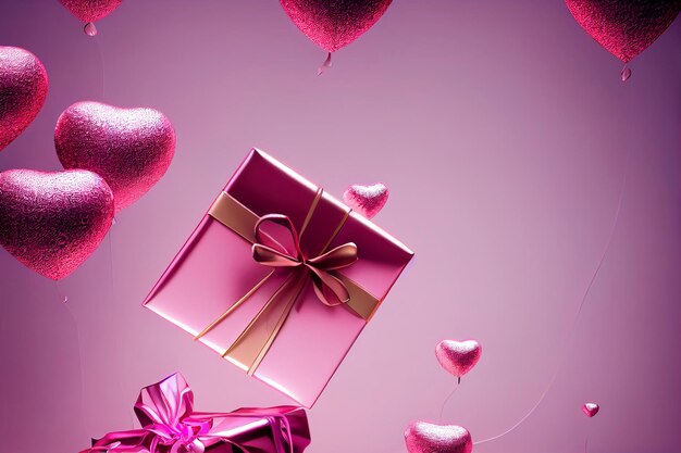 Background of top view pink heart and gift present generative art by AI