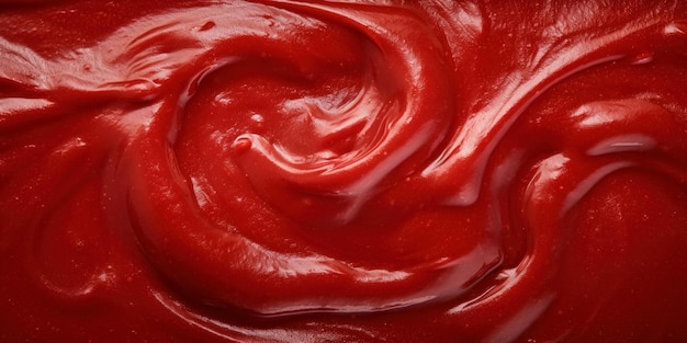 Photo background top view with tomato sauce ketchup of ripe vegetables smooth waves and swirls on surface