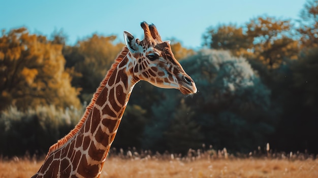 A background of trees and a giraffe in a field Generative AI