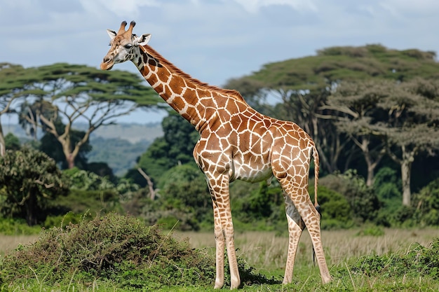 A background of trees and a giraffe in a field Generative AI