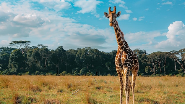 A background of trees and a giraffe in a field Generative AI