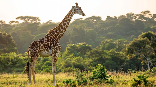 A background of trees and a giraffe in a field Generative AI