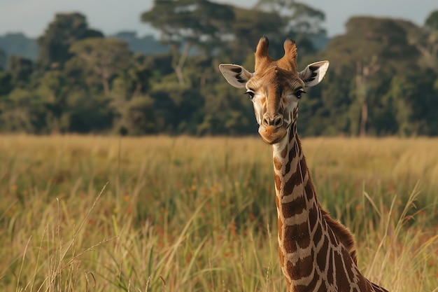 A background of trees and a giraffe in a field Generative AI