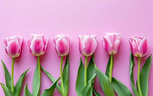 Background tulip flowers on a table light pink lighthearted flat lay overhead shot with copy space