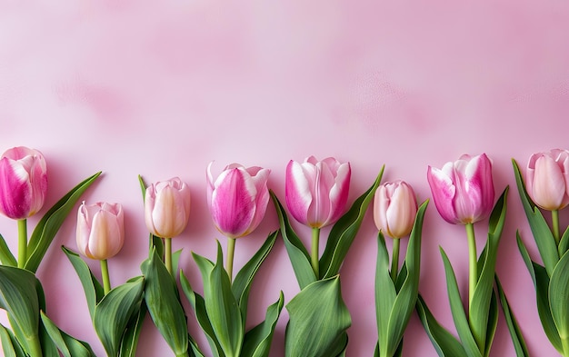 Background tulip flowers on a table light pink lighthearted flat lay overhead shot with copy space