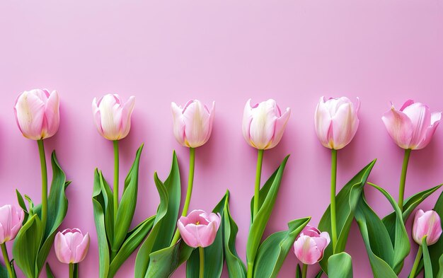 Background tulip flowers on a table light pink lighthearted flat lay overhead shot with copy space