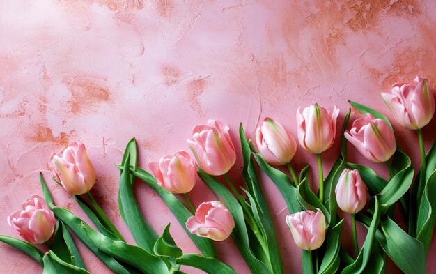 Background tulip flowers on a table light pink lighthearted flat lay overhead shot with copy space