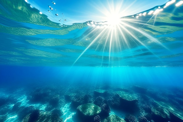 Background view from under the blue water of the ocean