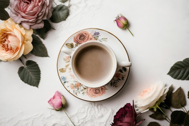 Background for a website blog or menus design a cup of coffee with a floral backdrop early morning meal