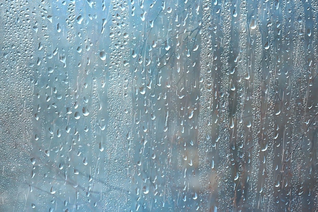 background wet glass drops autumn in the park / view of the landscape in the autumn park from a wet window, the concept of rainy weather on an autumn day