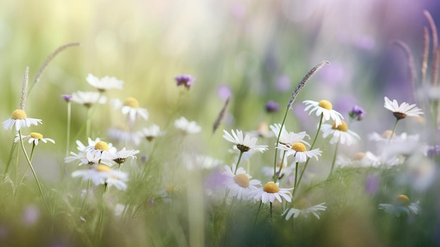 Background of wildflowers chamomile and purple wild pea with sunlight Generative AI image