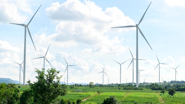 Background of wind turbines fields over blue sky ecological conservation concept