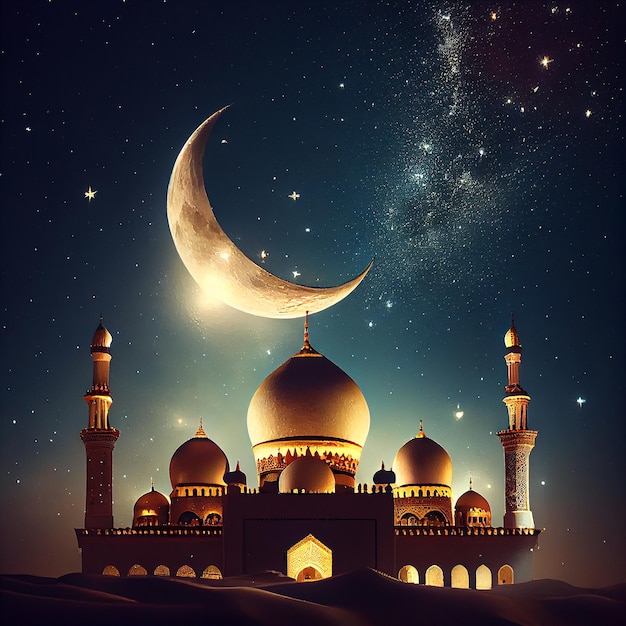 Background with Arabic Mosque and Arabic Moon on the Starry Sky Generative AI