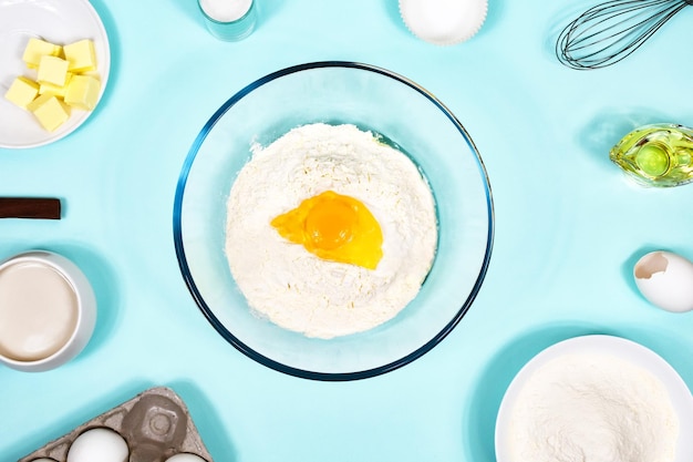 Background with baking ingredients Flat lay View from above