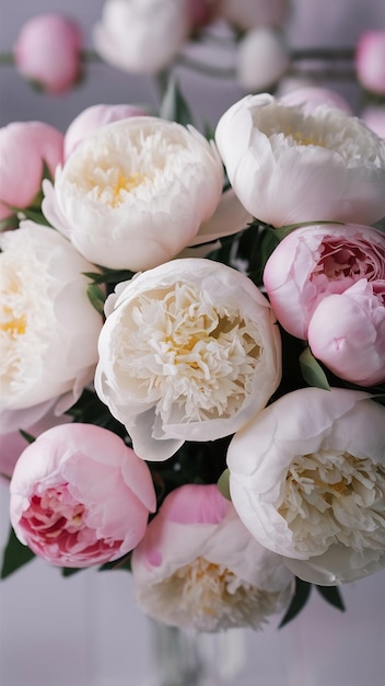 Photo background with beautiful white and pink flowers peonies