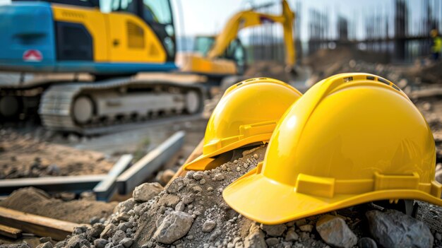 Photo background with construction equipment and hard hats