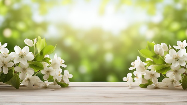 Background with copy space and white blossoms on a wooden surface