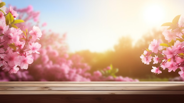 Background with copy space on a wooden table against vibrant pink blooms