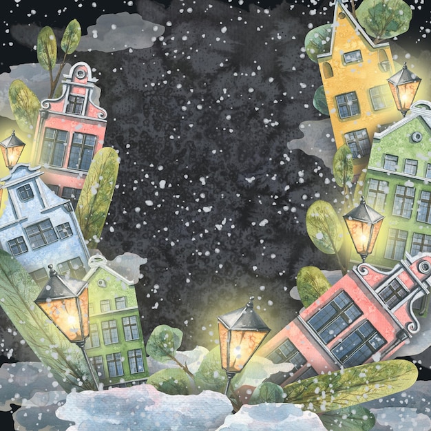 Background with cute European houses trees lanterns and clouds on a dark background with snow and snow flakes Watercolor illustration Winter New Year Christmas For decoration and design