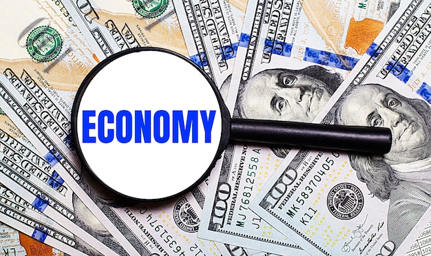 Background with dollar bills under a magnifying glass with the text ECONOMY Financial concept