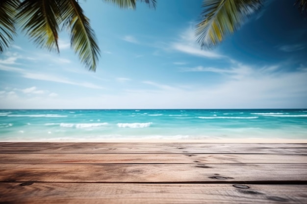 Background with empty wooden planks with defocused palm trees and sea product placement summer concept Ai generative