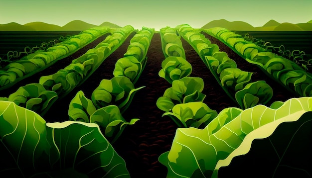 Background with a field of Lettuce plantations Growing harvesting Lettuce Healthy natural food and vegetable background concept Generative AI