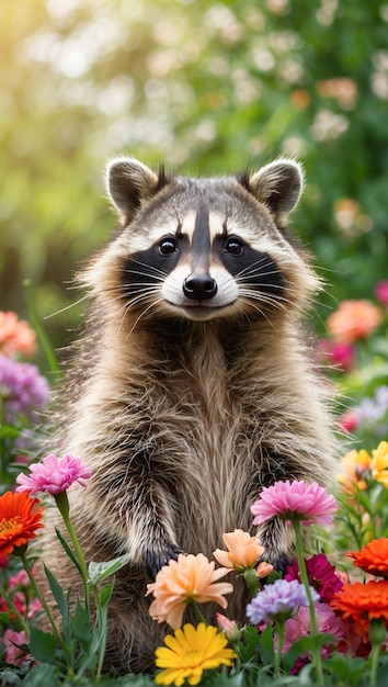 Background with happy funny raccoon on floral background