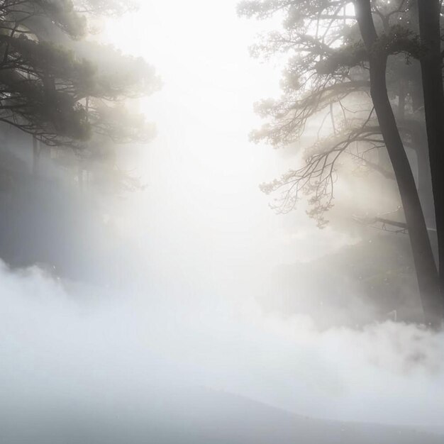 Photo background with haze fog and clouds branches of forest trees in the fog