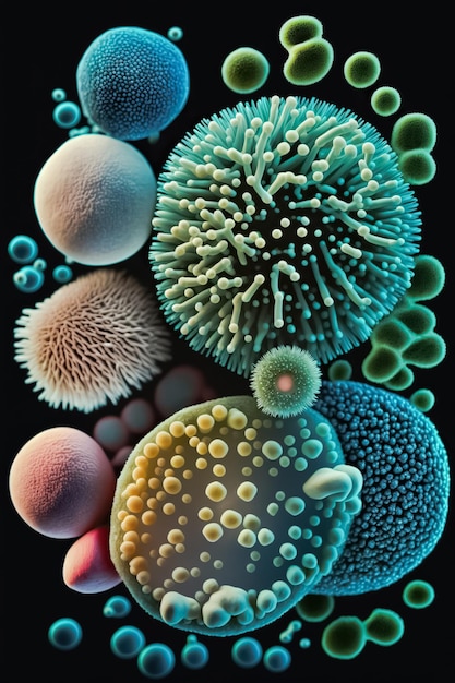 Background with macro shot of abstract colorful various bacteria germs and viruses Generative AI