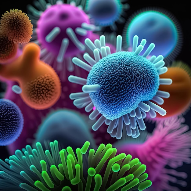 Background with macro shot of abstract colorful various bacteria germs and viruses Generative AI