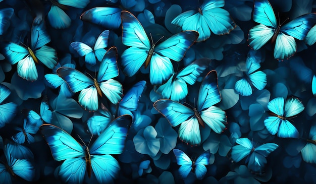 Background with many blue butterflies AI generated