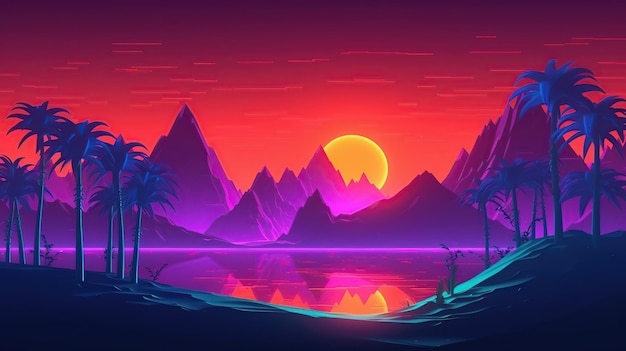 Background with neon landscape mountains and palm treesNostalgia for 90sgenerative ai