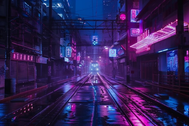 Photo background with night city in neon lights