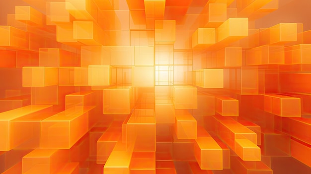 Background with orange squares arranged randomly with a chromatic aberration effect and film grain