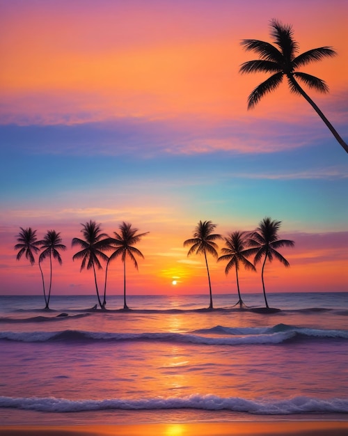 Background with palm silhouettes theme with beautiful sky and sunset