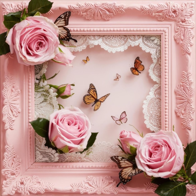 Background with pink frame and butterflies