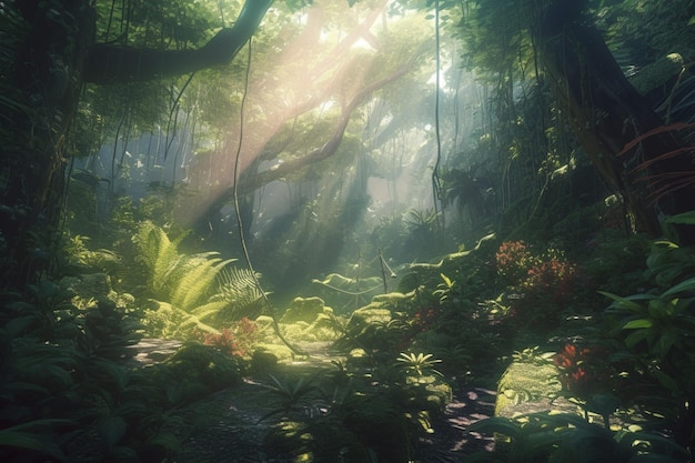 Background with plants and leaves mountain landscape open forest blurred green plants background with space Generative AI