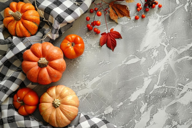 Photo background with pumpkin plaid kitchen towel and fall ingredients